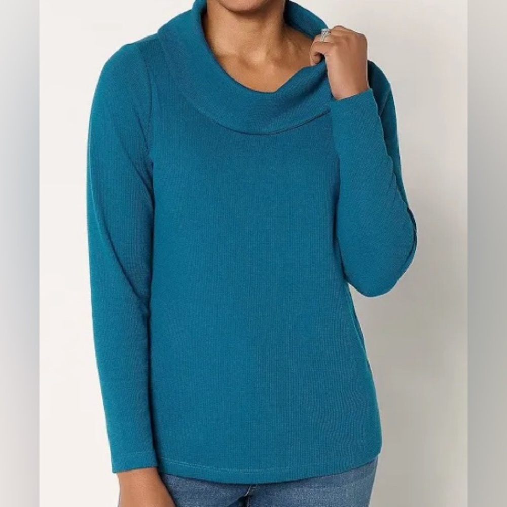 New Denim & Co Essentials Waffle Knit Long-Sleeve Cowl Neck Top Teal Sapphire 2X